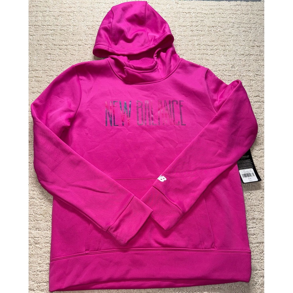 New Balance Performance Hoodie Kids XL 16 Pink Logo Fleece Pullover Sweatshirt